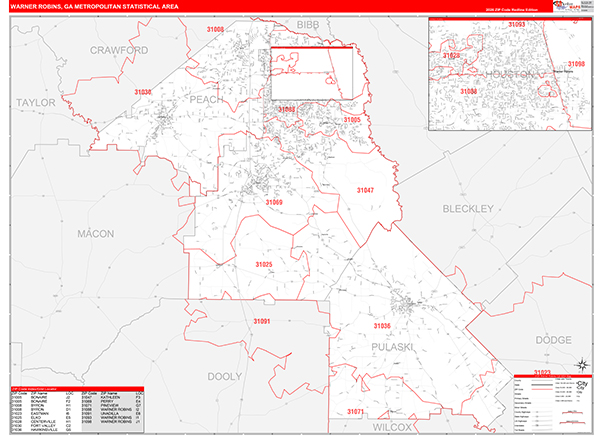 Warner Robins Metro Area Wall Map Red Line Style